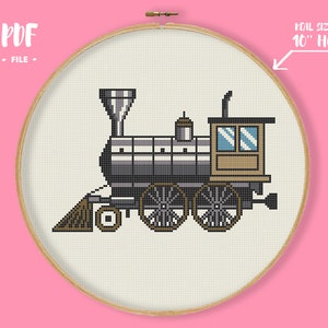 Trem vintage 1 padrão de ponto cruz, bordado de carro retrô, bordado de locomotiva clássico, xstitch de automóveis, berçário de veículos, quarto de meninos