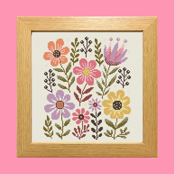Patrón de punto de cruz de 3 cuadrados florales, bordado folclórico ingenuo, bordado de flores de muestrario, artesanía étnica, diseño de cojín Xstitch