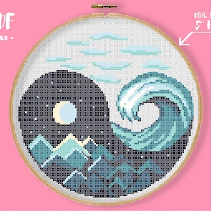 May include: A cross-stitch pattern of a yin yang symbol with a mountain range on one side and a wave on the other. The pattern is designed to fit in an 8-inch hoop.