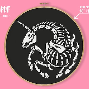 Unicorn Skeleton Cross Stitch Pattern, Gothic Embroidery Project, Spooky Halloween Needlepoint, Skeleton Xstitch Chart