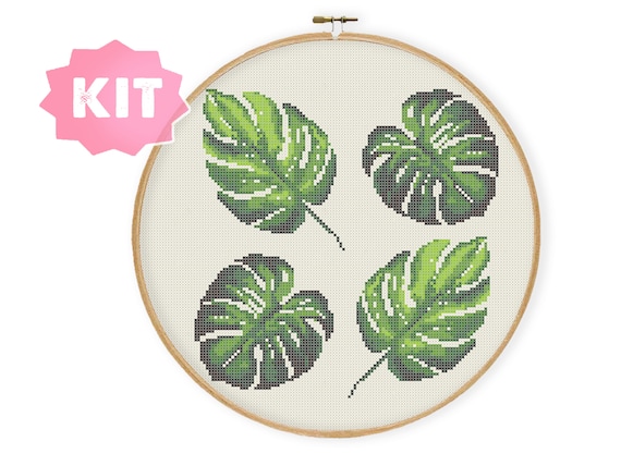 Monstera Leaf Cross Stitch Kit, Realistic Botanical Embroidery, Plant, Greenery decor, Botanic gift Banana leaf Vegan present Floral