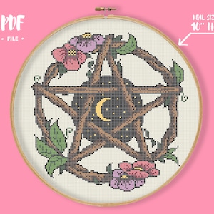 Moon Pentagram Cross Stitch Pattern, Gothic Embroidery, Night Sky Moon Stars Needlepoint, Floral Wreath Witchy Xstitch, Wicca Decor