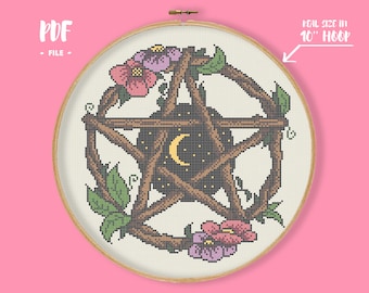 Moon Pentagram Cross Stitch Pattern, Gothic Embroidery, Night Sky Moon Stars Needlepoint, Floral Wreath Witchy Xstitch, Wicca Decor