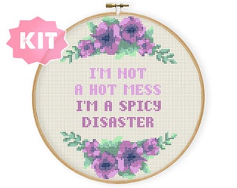 I'm Not A Hot Mess, I’m a Spicy Disaster Cross Stitch Pattern, Funny quote embroidery, funny mom life sayings decor sassy mom quotes xstitch