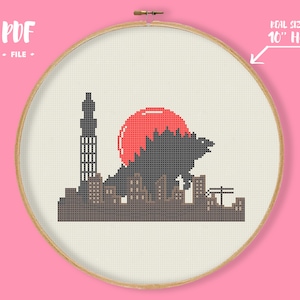トキオモンスタークロスステッチパターン、モダンポップカルチャー刺繍、日本のニードルポイント、モンスターデコレーション映画デコレーションクロスステッチ初心者向けDIY