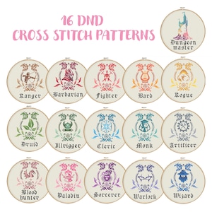 All 16 DnD Characters Cross Stitch, Barbarian Bard Cleric Druid Fighter Monk Paladin Ranger Rogue Sorcerer Warlock Wizard, Dungen Master