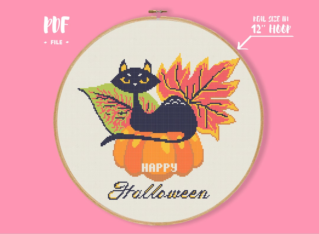 Halloween Black Cat Autumn Pumpkin Cross Stitch Pattern, Orange Creepy ...