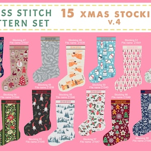 Op de afbeelding: Een digitale collectie van 15 kruissteekpatronen voor kerstsokken met het opschrift CROSS STITCH 15 XMAS STOCKINGS v.4. Elke sok bevat unieke kerstmotieven zoals ornamenten, kabouters, vogels en bomen, met de naam JENNIFER op elke boord.