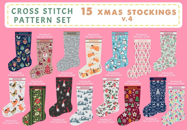 Op de afbeelding: Een digitale collectie van 15 kruissteekpatronen voor kerstsokken met het opschrift CROSS STITCH 15 XMAS STOCKINGS v.4. Elke sok bevat unieke kerstmotieven zoals ornamenten, kabouters, vogels en bomen, met de naam JENNIFER op elke boord.