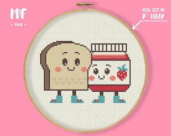 Valentine Jam Cross Stitch Pattern, Food Couple Embroidery, Anniversary DIY Present, Boyfriend Gift, Cute Kitchen Xstitch Decor