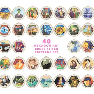 Set 40 Art Cross Stitch Pattern, Hexagon Great Famous Paintings Fine Art Masterpiece Artwork Embroidery Tiny Xstitch Pattern Klimt Van Gogh