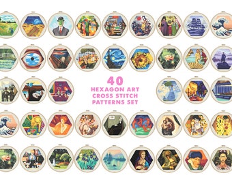 Set 40 Art Cross Stitch Pattern, Hexagon Great Famous Paintings Fine Art Masterpiece Artwork Embroidery Tiny Xstitch Pattern Klimt Van Gogh