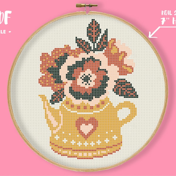 Kettle Flowers Cross Stitch Pattern, Flower Embroidery, Tea with Herbs Needlepoint, Small Easy Xstitch, Botanical Beginner DIY Craft Stitch