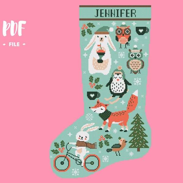 Skarpeta świąteczna 26 Wzór haftu krzyżykowego, Wigilia Świętego Mikołaja Haft DIY, Skarpety personalizowane imieniem, Xstitch Sampler Zima