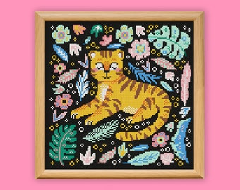 Square Tiger Cross Stitch Pattern, Cute Animal Embroidery, Nursery Needlepoint, Kid room decor, Jungle Xstitch Flowers Leafs Tropical Craft