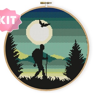 Hiker Cross Stitch Kit, Adventure Travel Embroidery, Night Forrest Mountains Bird Needlework, Green Color Landscape, Nature Xstitch