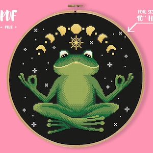 Celestial Frog Cross Stitch Pattern, Cottagecore Embroidery, Forest Animal Needlepoint, Goblincore Decor, Celestial Witchy Xstitch Chart
