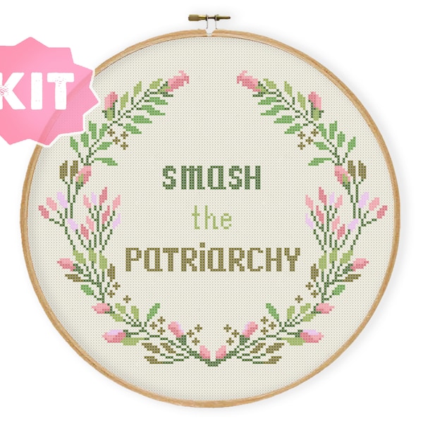 Smash the Patriarchy Cross Stitch Kit, Feminist Quote Embroidery, Inspiring Text Quote Needlepoint Woman Female Lady Present Lesbian