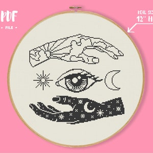 May include: Black and white cross stitch pattern of two hands, an eye, a sun, and a crescent moon. The pattern is designed to fit in a 12 inch hoop. PDF file.