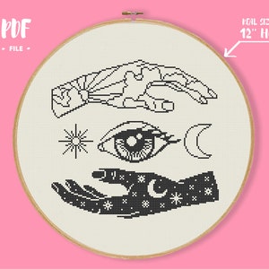 Celestial Hands Eye Cross Stitch Pattern, Witchy Embroidery, Monochrome Needlepoint, Gothic Day and Night Landscape Xstitch Sun and Moon