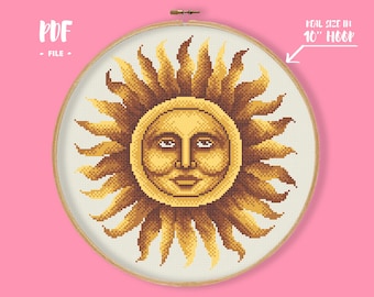 Celestial Sun Cross Stitch Pattern, Sun and Moon Embroidery, Medieval Style Needlepoint, Old Traditional Primitive Sampler Astrology Xstitch
