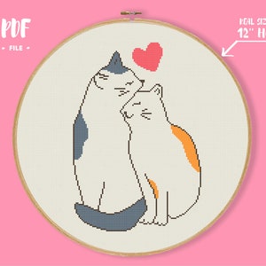 Cats Couple Love Valentines Day Present Cross Stitch Pattern, Heart animal embroidery, yin yang cute cat animal hugs easy sweet love