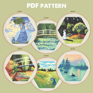 6 Claude Monet Art Cross Stitch Patterns, Fine Art Reproduction Embroidery, Gallery Artist Needlework Painting Xstitch Drawing Masterpiece