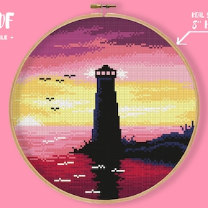 May include: Cross stitch pattern of a lighthouse silhouetted against a sunset sky. The pattern is designed for an 8-inch embroidery hoop.  The pattern is available as a PDF file.