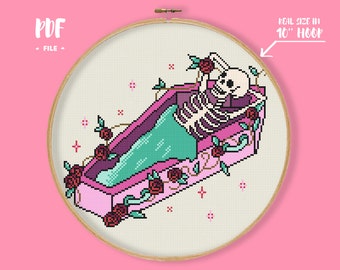 Chilling Skeleton Cross Stitch Pattern, Goth Embroidery, Skull Skeleton Needlepoint, Pastel Witch Beginner Xstitch, gothic diy wall decor
