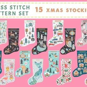 May include: A set of 15 cross stitch patterns for Christmas stockings. The patterns feature a variety of festive designs, including a gingerbread house, a snowman, a reindeer, and a Christmas tree. The patterns are all in color and are ready to be stitched.