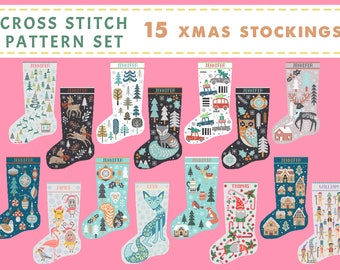 15 Christmas Stocking Set Cross Stitch Pattern, Santa Christmas Tree Embroidery DIY, Stockings customizable name, Xstitch Sampler Winter