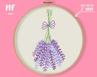 May include: Cross-stitch pattern of a lavender bouquet, featuring shades of purple and green, tied with a bow. The design is displayed within an 8-inch embroidery hoop, with the text "PDF FILE".
