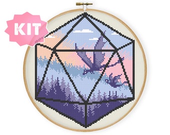 Kit de point de croix 1 dé dragon, broderie silhouette de dés D20, couture nature forêt du dragon volant, Bête fantastique D&D Xstitch