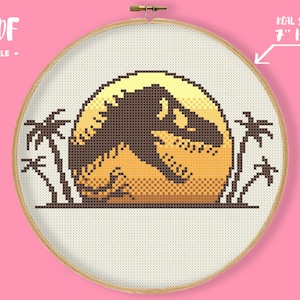 May include: Cross-stitch pattern featuring a dinosaur silhouette against a yellow and brown sunset, with palm trees on either side. The design is set in a 7-inch hoop. Text on the image reads "PDF FILE".