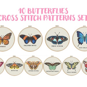 10 Butterly Set Cross Stitch Pattern, Monarch  Aglais Io Papilio Machaon Callithea Davisi Blue Swallowtail Embroidery, Insect Embroidery diy