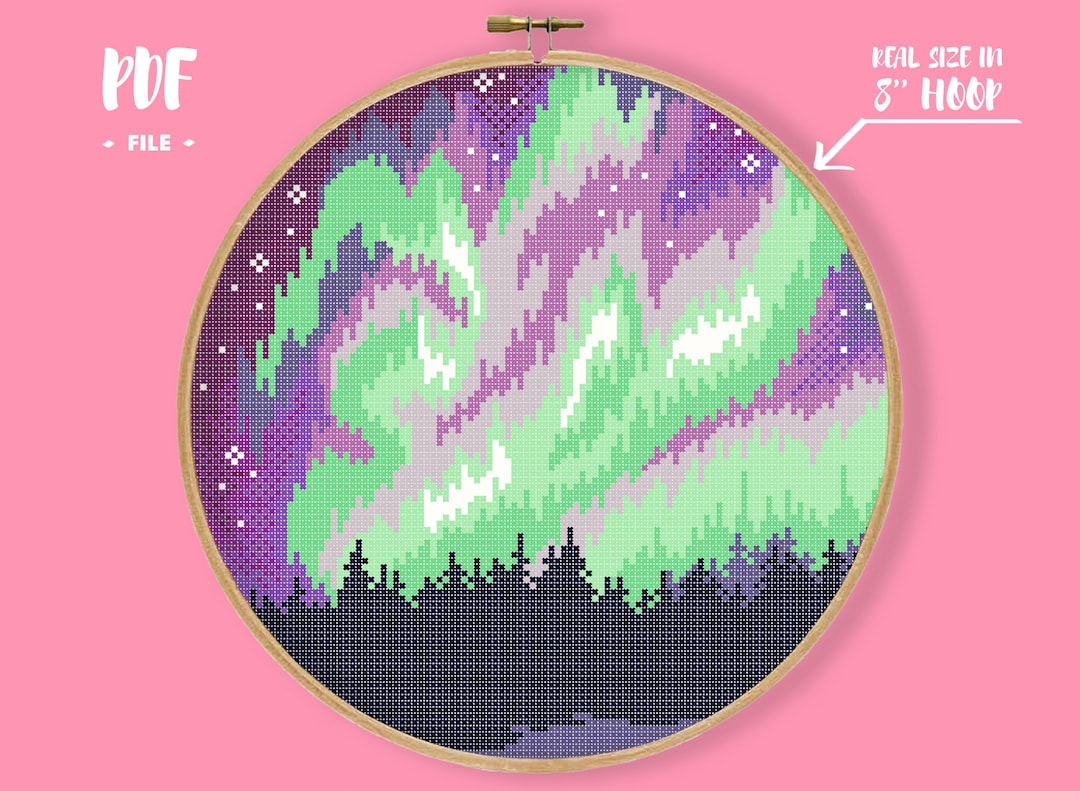 Northern Lights Cross Stitch Pattern, Nature Embroidery, Forest Needlepoint, Night Landscape