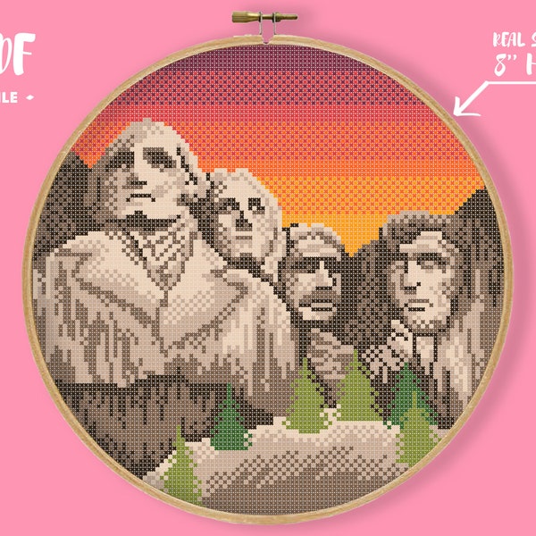 Rushmore Mountain Cross Stitch Pattern, Washington Jefferson Lincoln Roosevelt Embroidery, US Presidents Nature Political Xstitch historical