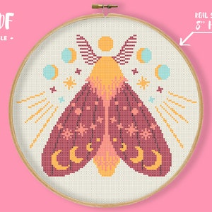 Red Moon Moth Cross Stitch Pattern, boho embroidery, coral color needlpoint, modern simple sampler, gothic xstitch witchy diy crafts