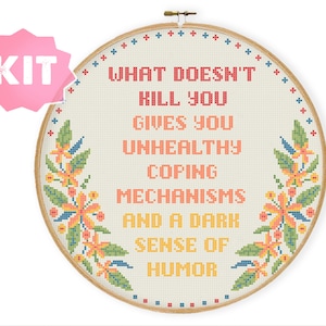 What Doesn&#39;t Kill You Cross Stitch Kit, subversive modern embroidery, funny quote in the Wreath Needlepoint, sarcasm xstitch pattern