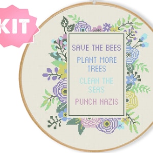 Sparen Sie die Bienen, pflanzen Sie einige Bäume, reinigen Sie die Meere, Stanzkreuzstichpackung, subversive Stickerei, modernes xstitch-aktivist-Muster