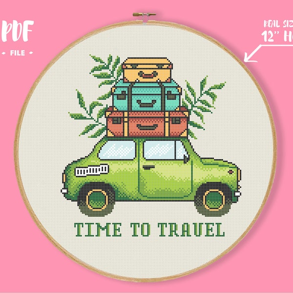 Time to Travel Car Cross Stitch Pattern, Vintage Automobile Embroidery, Oldstyle Transport Needlepoint, Steampunk Xstitch History Crafts