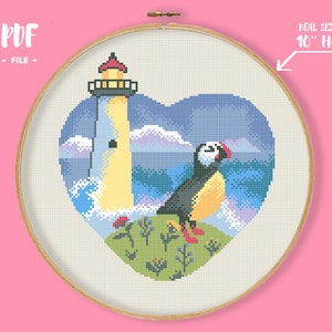 Heart Lighthouse 3 Cross Stitch Pattern, Atlantic Puffin Embroidery, Sea Island Bird Needlework, Puffin Xstitch Chart, Cute Animal Seaside