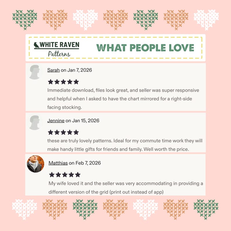 May include: A pink graphic with the text "WHAT PEOPLE LOVE" and customer reviews for "White Raven Patterns." The reviews include star ratings and comments about the patterns.