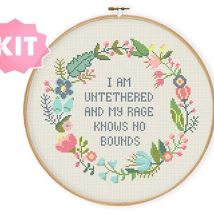 I Am Untethered Cross Stitch Kit, Subversive Embroidery, Funny Xstitch Decor Easy Floral Wreath Border Sassy Quote Floral Wreath Xstitch
