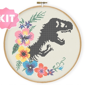 Floral T-Rex Cross Stitch Kit, Cute Dino Bones Embroidery, Dinosaur Flowers Wreath Xstitch, Geek Jurassic Present, Modern cross stitch