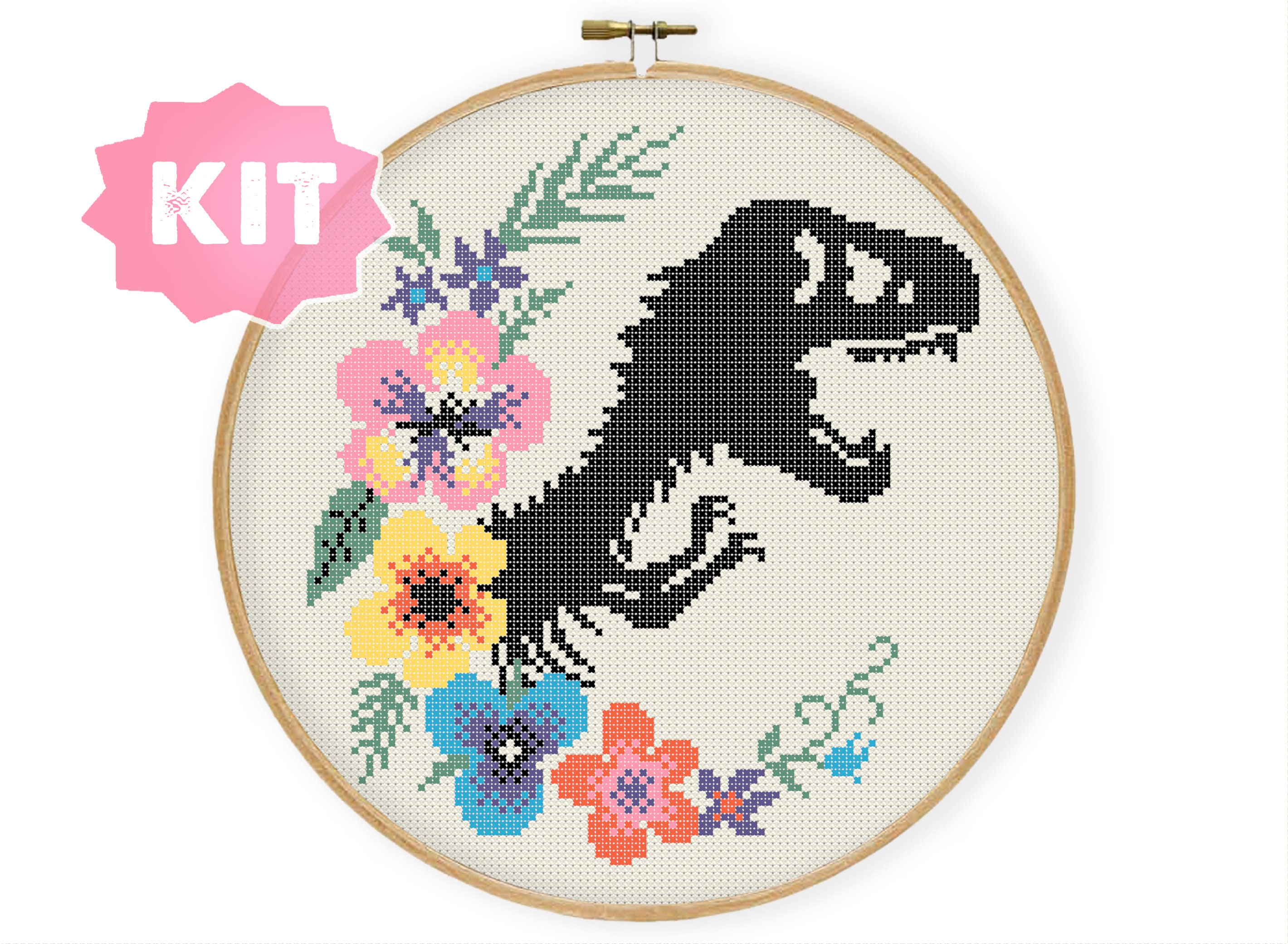 花柄T-Rexクロスステッチキット、かわいい恐竜の骨の刺繍、恐竜の花輪