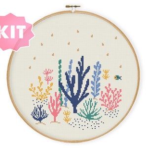 Corals Cross Stitch Kit, Sea Bottom Embroidery, Fish Marine Fauna Floral Seaplants Xstitch Pattern, Colorful sealife needlework