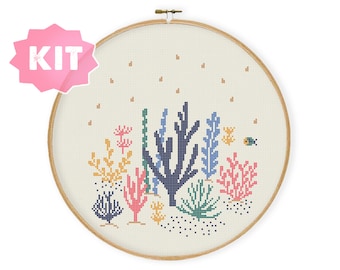 サンゴのクロスステッチキット、海底刺繍、魚、海洋動物、花、海草の