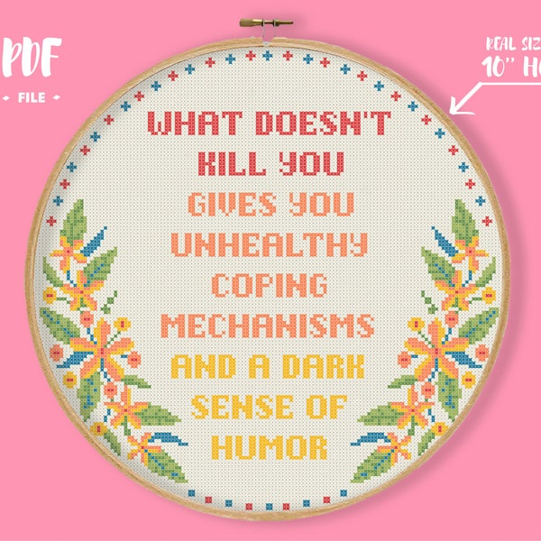 What Doesn't Kill You Cross Stitch Pattern, subversive modern embroidery, funny quote in the Wreath Needlepoint, sarcasm xstitch pattern