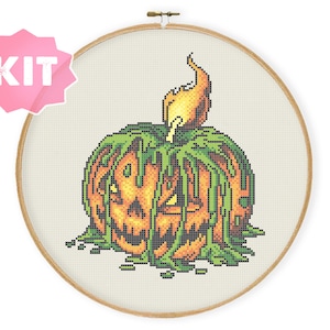 Kit de ponto cruz com vela de abóbora, bordado de Halloween, design de bordado gótico, gráfico de ponto cruz colorido e brilhante de bruxa, faça você mesmo em outubro